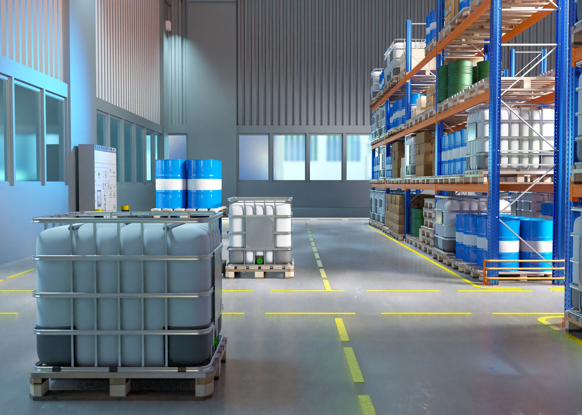 IBC containers inside warehouse. Tanks for chemicals. Fuel plant storage area. Warehouse hangar with IBC and barrels. Storage area with multi-tier shelves. Stockroom, repository. 3d image